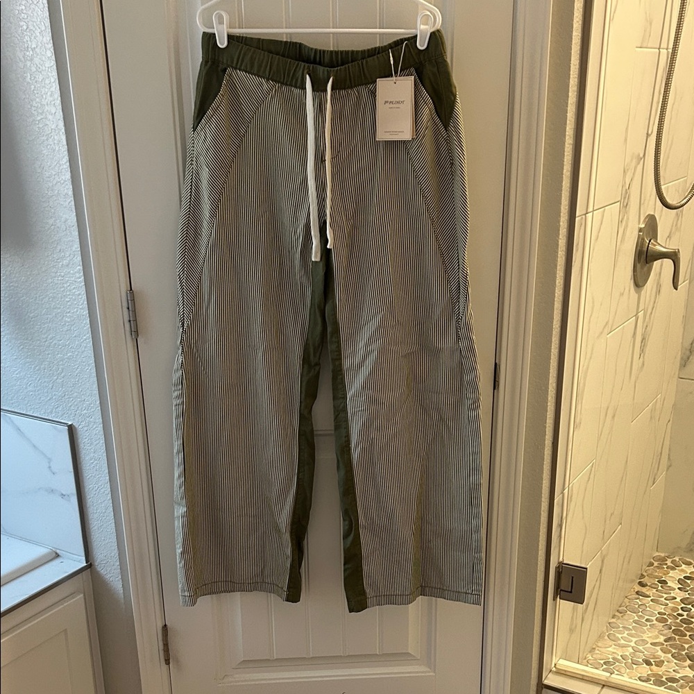 Amazon Women's Striped Flare Pants with Olive Accents
